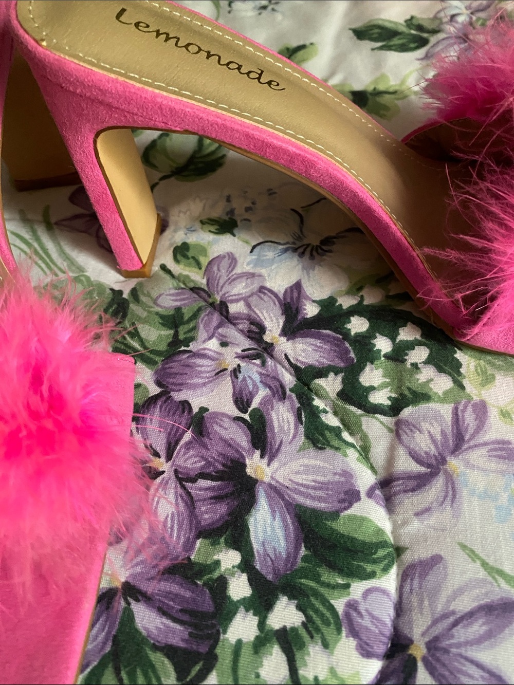 Lemon Neon Pink Feather Slide Heels - Picture 3 of 4